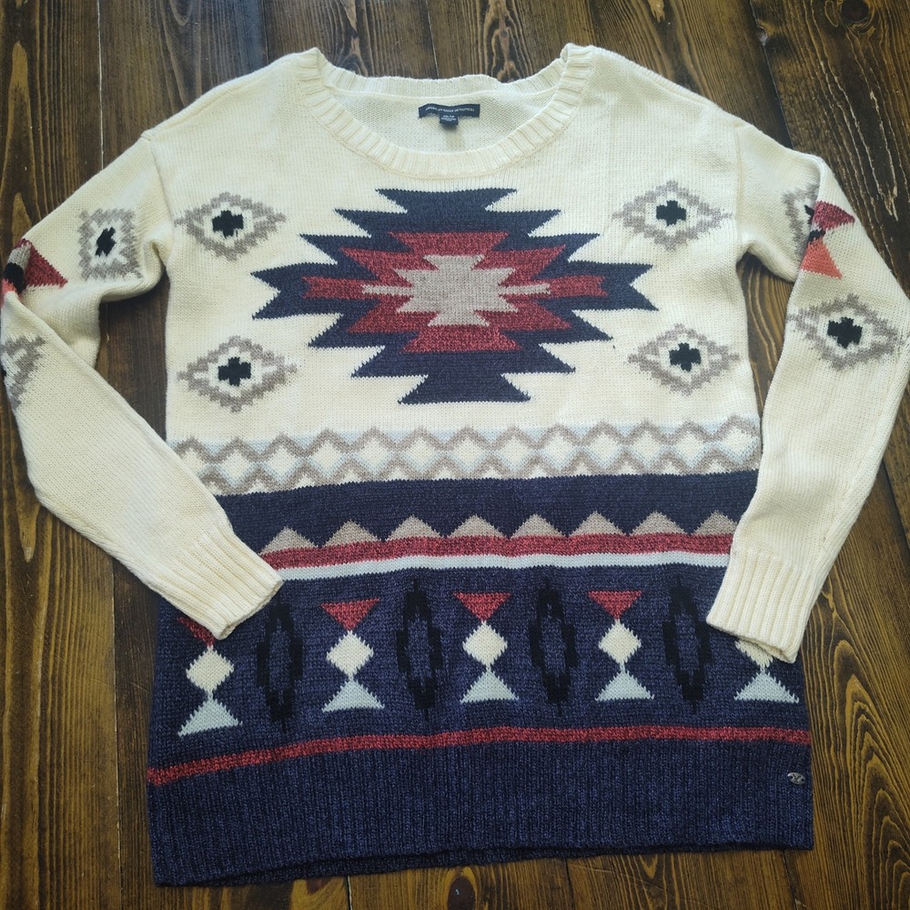 American Eagle Womens XS Southwest Geometric Knit Wool Blend Sweater Navy Cream